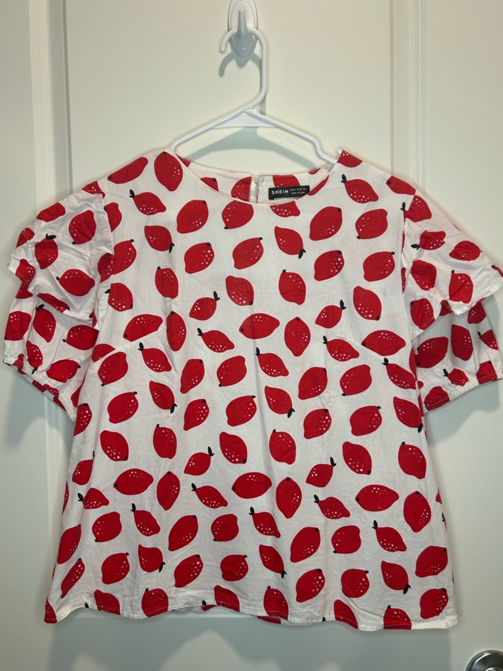 SHEIN White Blouse with Red Lemon Print Women’s